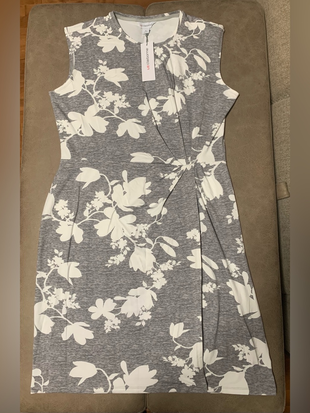 Liz Claiborne Women Gray White Floral Knit Stretch Sleeveless Dress NEW Size XL
